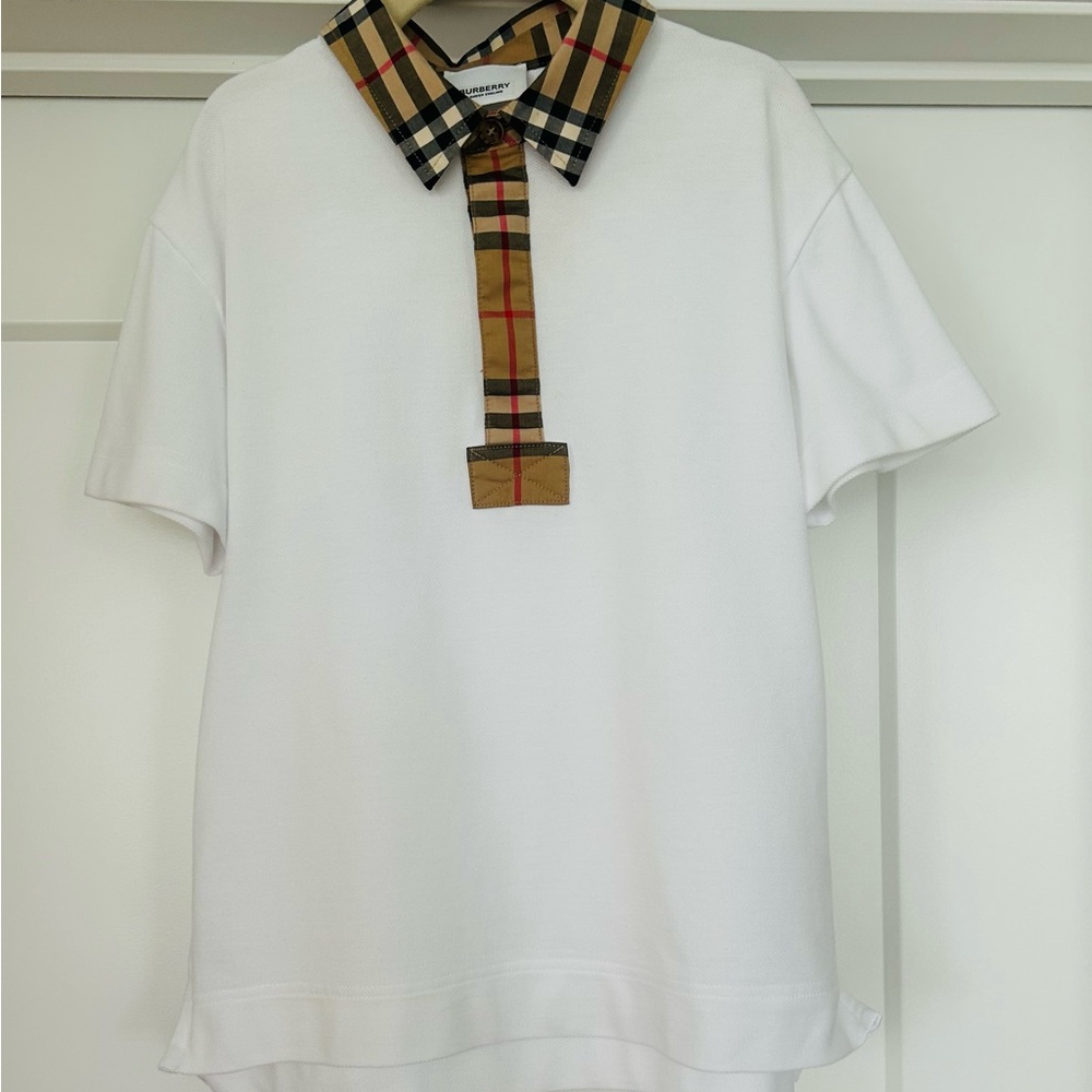 Burberry Boys White Polo with Iconic Check Accents (8Y)